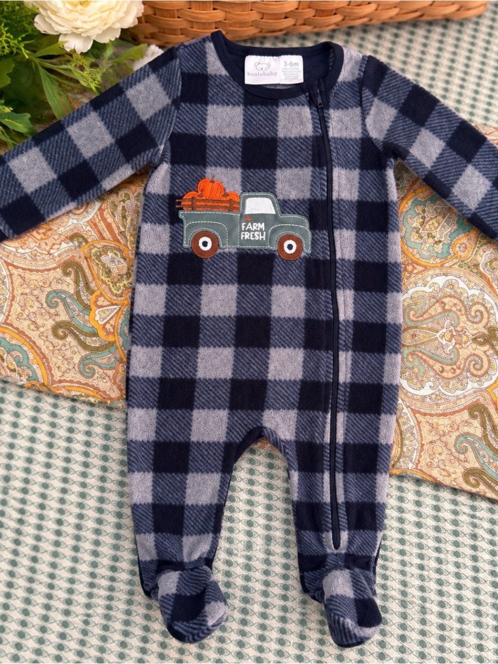 Koala Baby 3-6M Buffalo Plaid Fleece Footed Sleeper Farm Fresh Pumpkin Truck